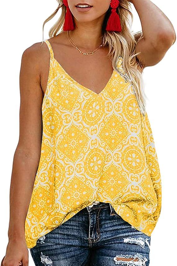 TECREW Women's Boho Floral V Neck Spaghetti Straps Tank Top Summer Sleeveless Shirts Blouse | Amazon (US)