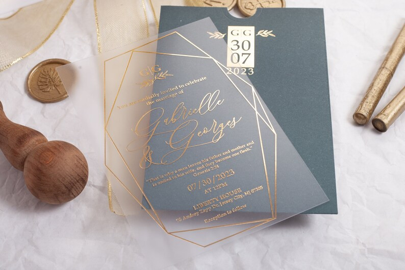Acrylic Wedding Invitation with Gold Foil, Green Wedding Suite, Elegant Wedding Invite, Luxury In... | Etsy (US)