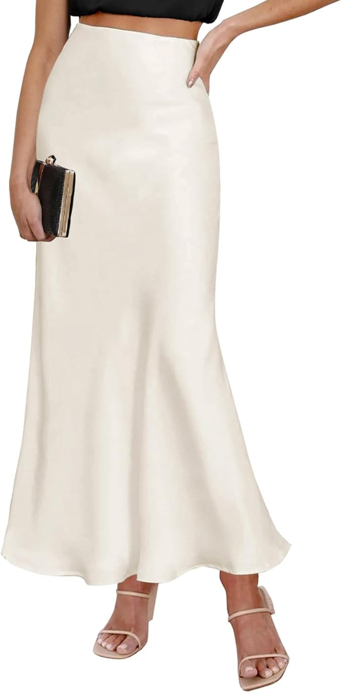 Satin Maxi Skirt Elastic High Waisted Silk A-Line Casual Elegant Flowy Long Skirts for Women | Amazon (US)