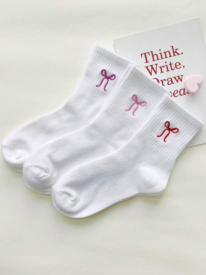 SV Pattern Studio Artist 3 Packs Women's Bow Print Mid-Calf Casual Socks With Bowknot Decoration, Holiday, Valentine's Day | SHEIN