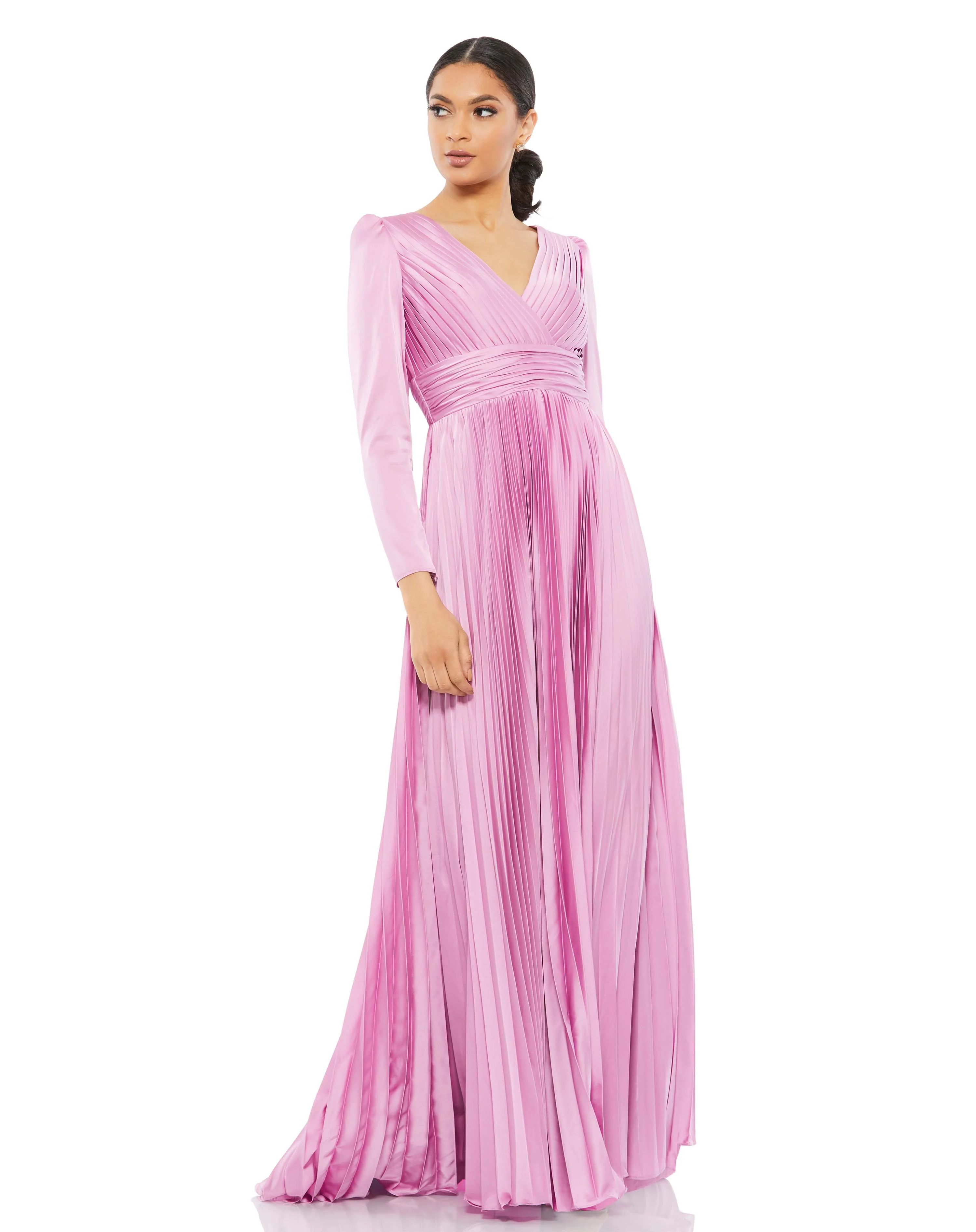 Pleated Long Sleeve V-Neck Gown | Mac Duggal
