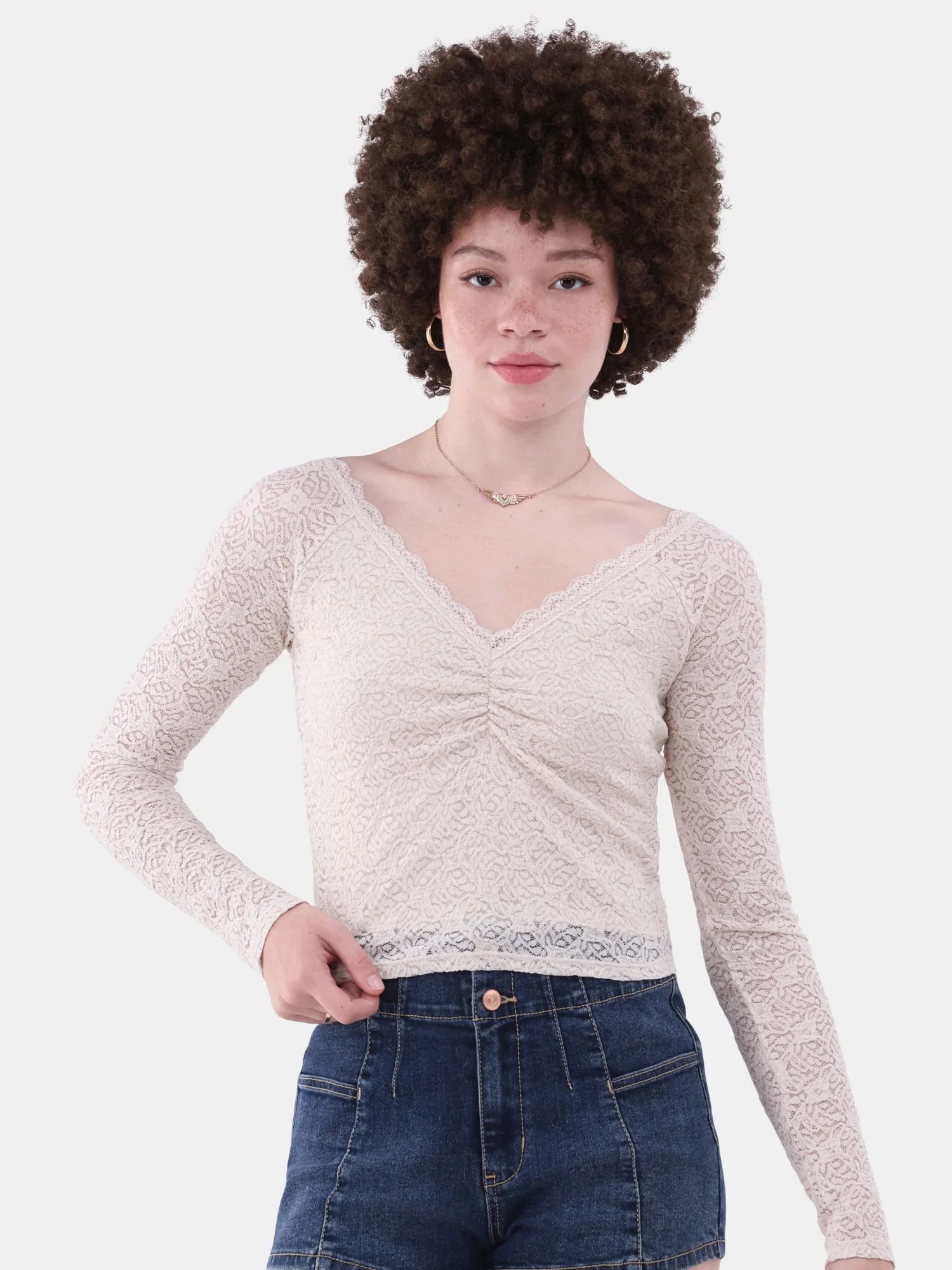 No Boundaries Lace V-Neck Top with Long Sleeves, Women’s | Walmart (US)