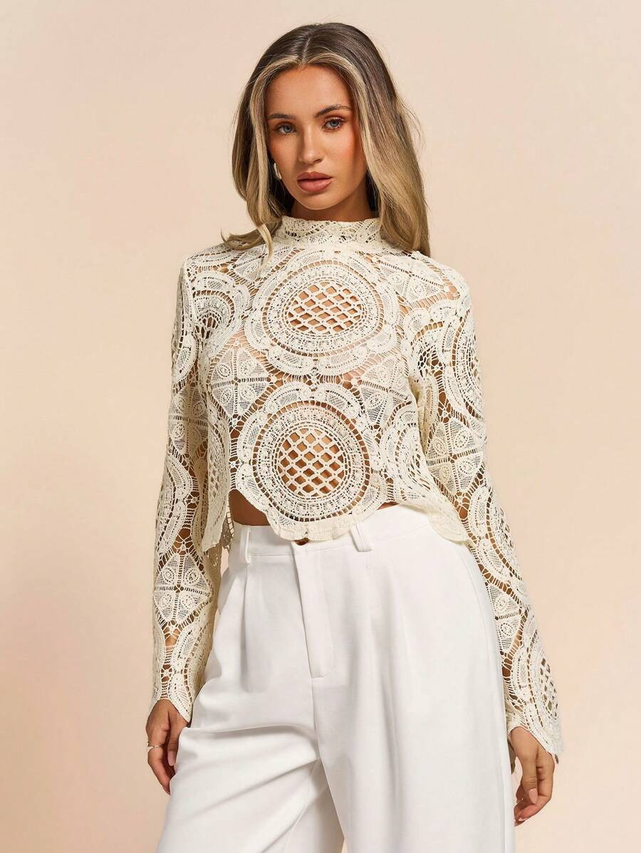 Glamine Beige Elegant Flower Embroidered Hollowed-Out Long Sleeve Pullover Shirt, See-Through Collar Date Night Knit Tops,Autumn Vacation Fall For Women | SHEIN