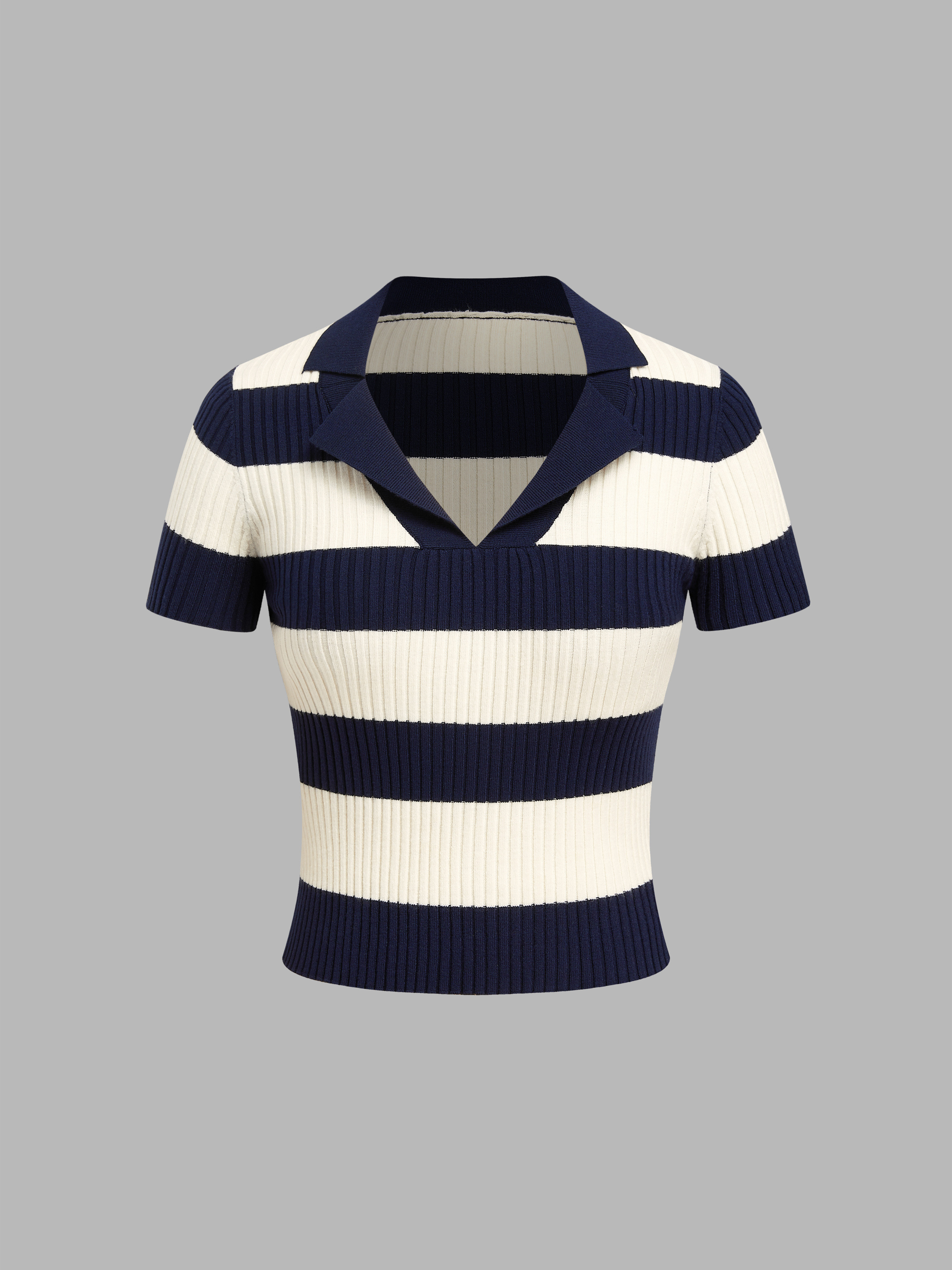 Knit Fabric Knit Polo Striped Short Sleeve Top For School Work | Cider