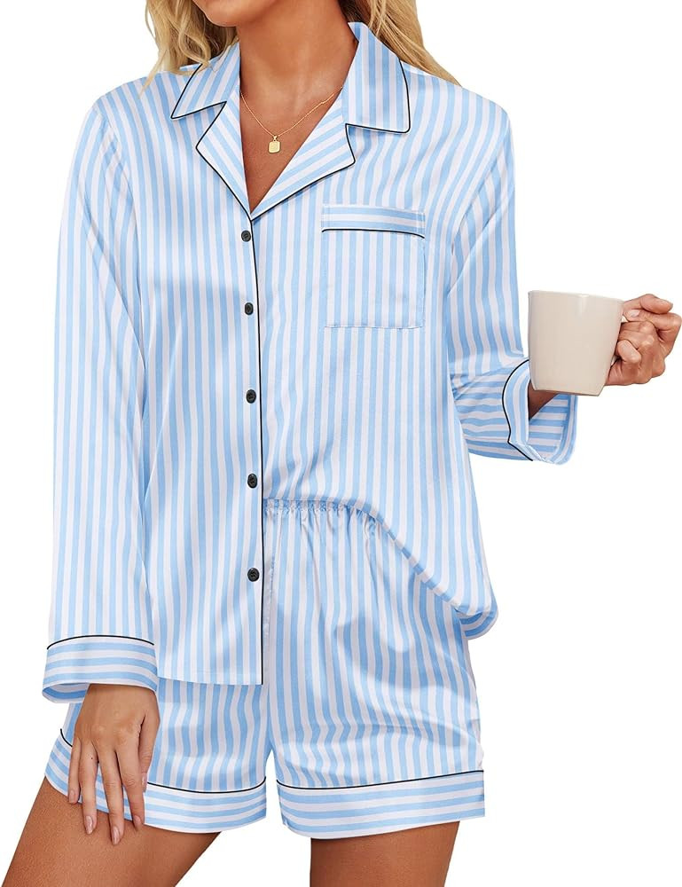 Ekouaer Satin Pajama Set for Women Button Down Pj Set Long Sleeve Top and Shorts 2 Piece Loungewe... | Amazon (US)