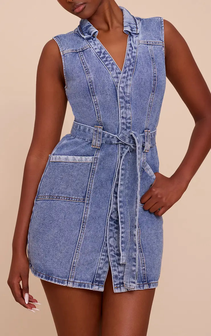 Light Blue Tie Waist Utility Style Denim Dress | PrettyLittleThing UK