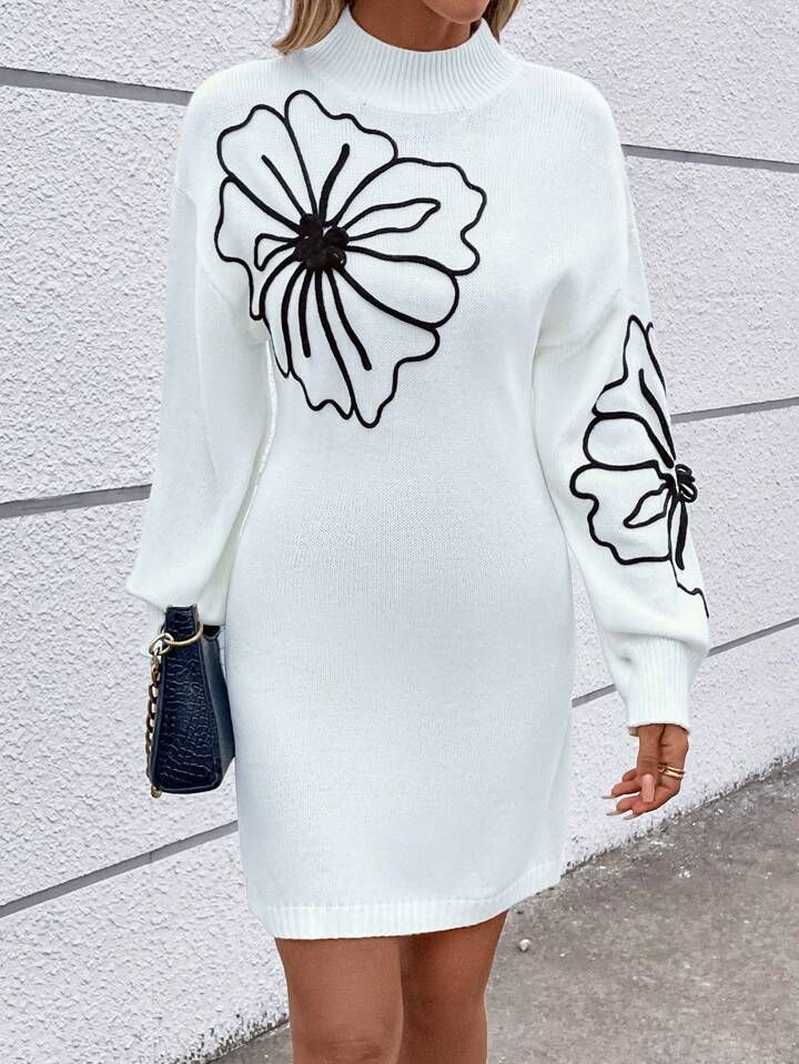 SHEIN LUNE Floral Pattern Mock Neck Drop Shoulder Sweater Dress | SHEIN