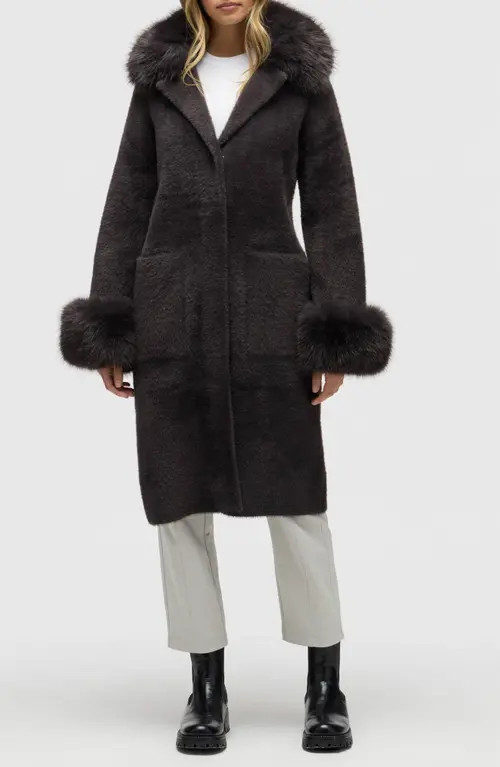 NVLT Faux Fur Trim Longline Sweater Coat in Espresso at Nordstrom, Size X-Large | Nordstrom
