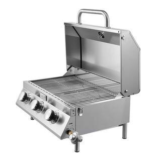 Tabletop Gas Grill, 3-Burner Portable Propane Grill in Stainless Steel with Built-in Thermometer Travel Locks | The Home Depot