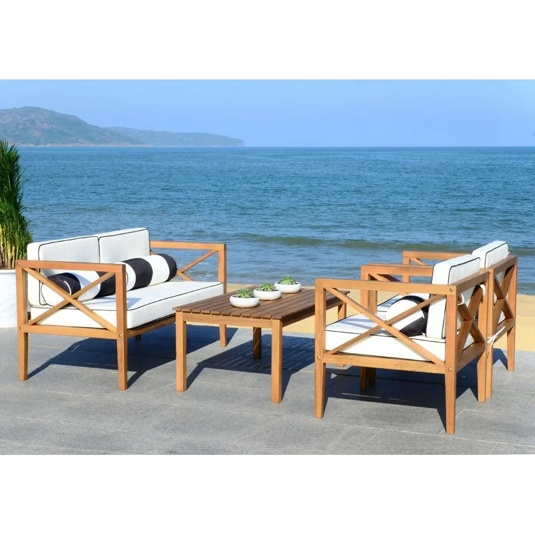 Safavieh Nunzio 4-Piece Eucalyptus Wood Outdoor Set in Teak Brown/Beige | Walmart (US)