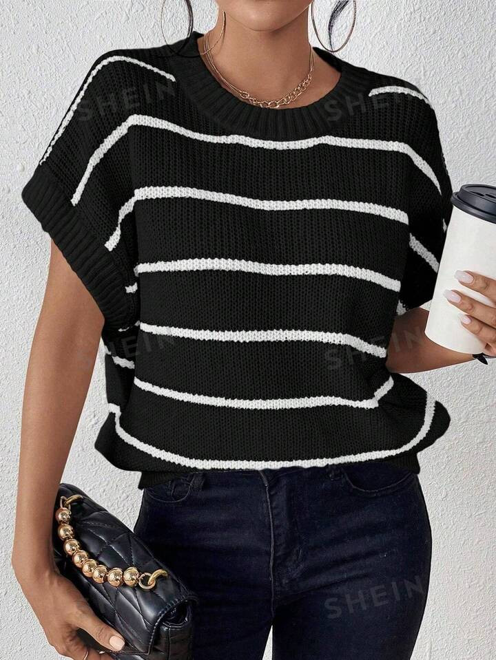 SHEIN Essnce Striped Pattern Batwing Sleeve Knit Top | SHEIN