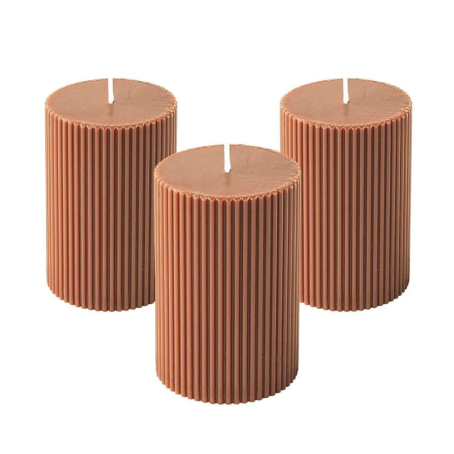 3-Pack Brown Ribbed Pillar Candles Unscented, 2.75x4 Inches Maroon Brown Candles Handmade, Aesthe... | Amazon (US)