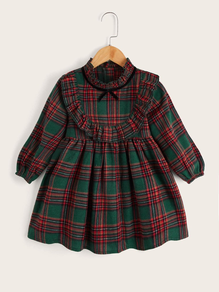Toddler Girls Tartan Bishop Sleeve Ruffle Trim Bow Front Dress | SHEIN
