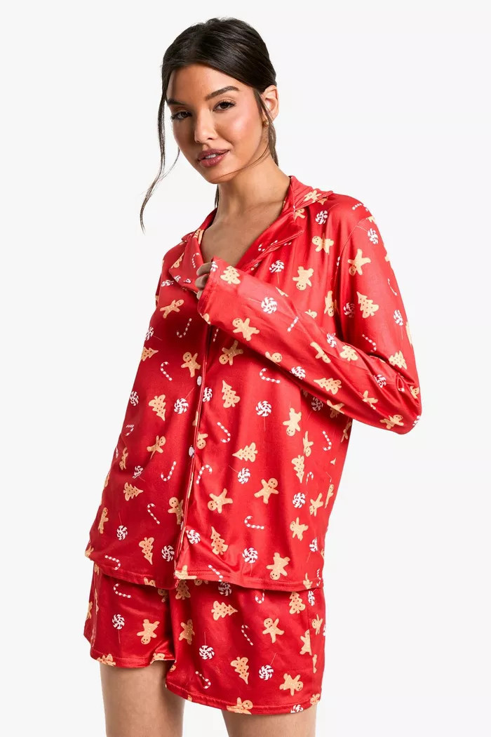 Christmas Gingerbread Print long Sleeve Short PJ Set | boohoo (US & Canada)
