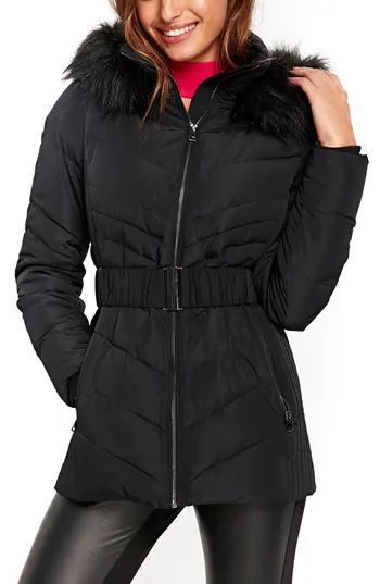 Petite Women's Wallis Water Repellent Quilted Puffer Coat With Faux Fur Trim, Size Large P - Black | Nordstrom