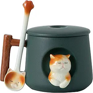 DIHOclub Ceramic Coffee Mug with Lid and Matching Spoon,Novelty 3D Cat Pattern Mug for Tea Milk C... | Amazon (US)