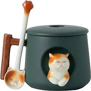 DIHOclub Ceramic Coffee Mug with Lid and Matching Spoon,Novelty 3D Cat Pattern Mug for Tea Milk C... | Amazon (US)