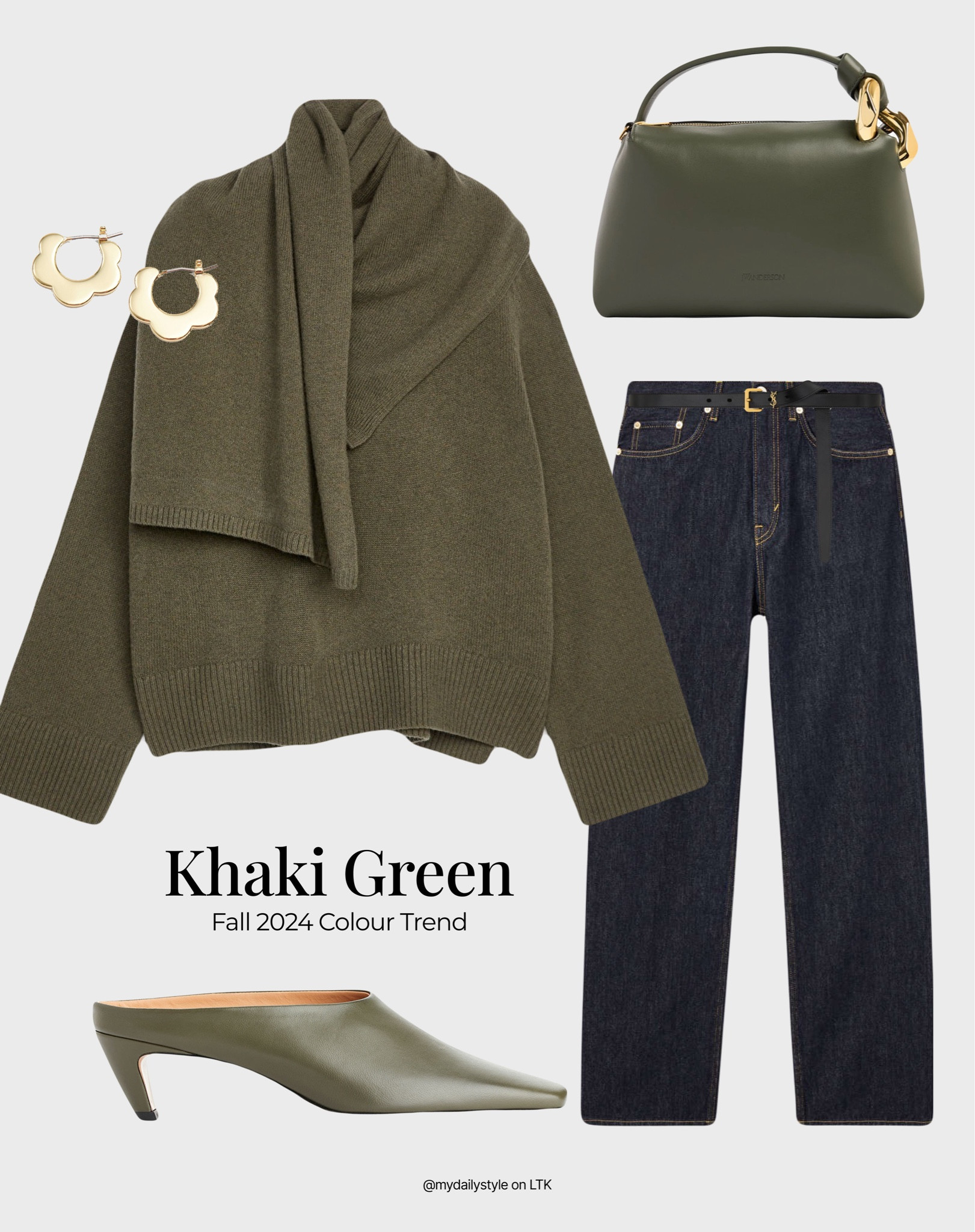 Khaki green in all its shades is definitely the color of the season. Mix khaki green wool scarf jumper with raw denim trousers, olive green heeled leather mules & green leather shoulder bag, & you’ve got a chic fall look.

Tags: khaki green, olive green, fashion trends 2024, fall style, pre-fall, autumn style, fall outfit, autumn outfit, fall fashion, autumn fashion, easy styling, simple everyday look, chic & basic outfit, Parisian look, casual outfit, capsule wardrobe, office look, brunch style, high street. 


#LTKautumn #LTKshoes #LTKstyletip