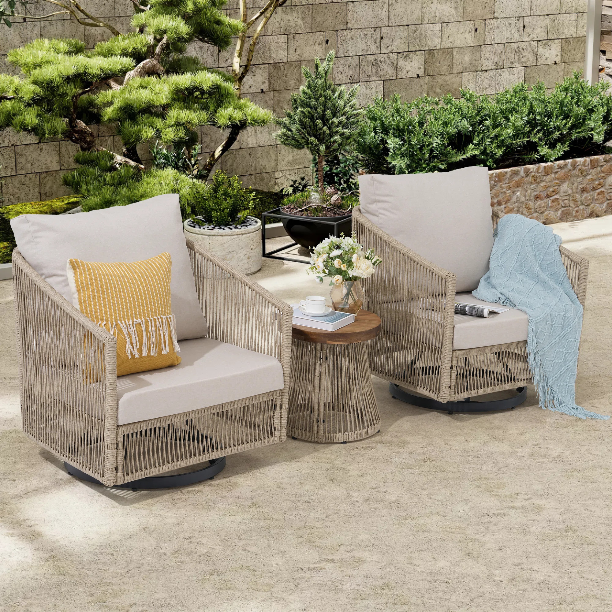 Outdoor Wicker Swivel Chair Lounge Set 3-piece | Wayfair North America