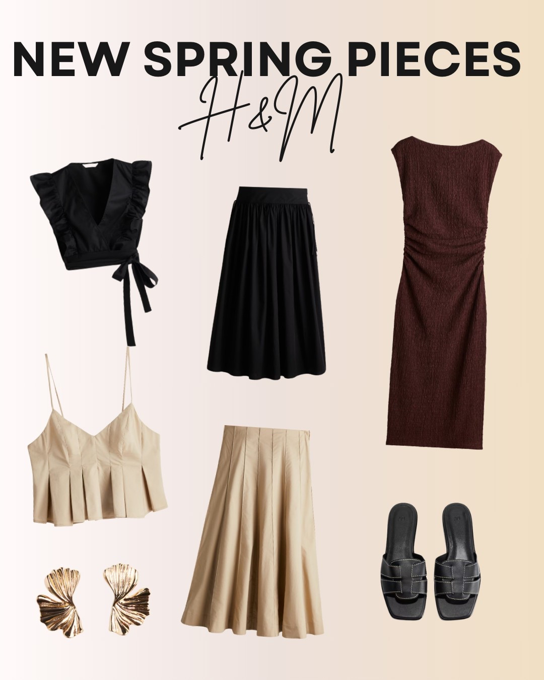 Freshen up your wardrobe with these neutral spring staples from H&M, perfect for mixing and matching. From a pleated cream midi skirt and statement gold earrings to a textured burgundy midi dress and black slide sandals, these pieces are ideal for effortless day-to-night looks. Don’t miss the black wrap crop top, flowy black midi skirt, and structured beige cami — all must-haves for a chic capsule wardrobe.

#LTKFindsUnder100 #LTKSeasonal