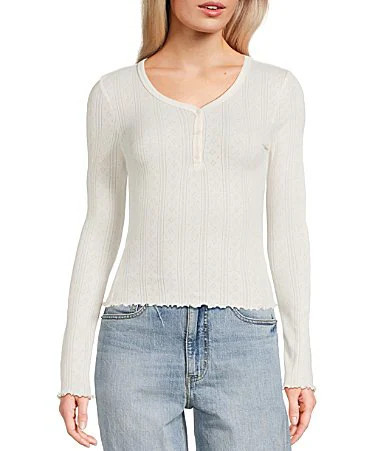 Daze Long-Sleeve Pointelle Henley Knit Top - M | Dillard's
