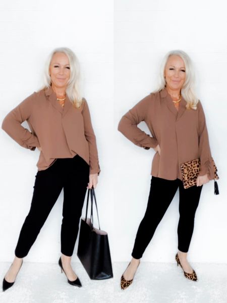 One brown loose-fitting blouse styled for both office and evening. 

Workwear / Work Outfit / Office Outfit / evening outfit / dinner outfit / date night look

#LTKFind #LTKunder50 #LTKworkwear
