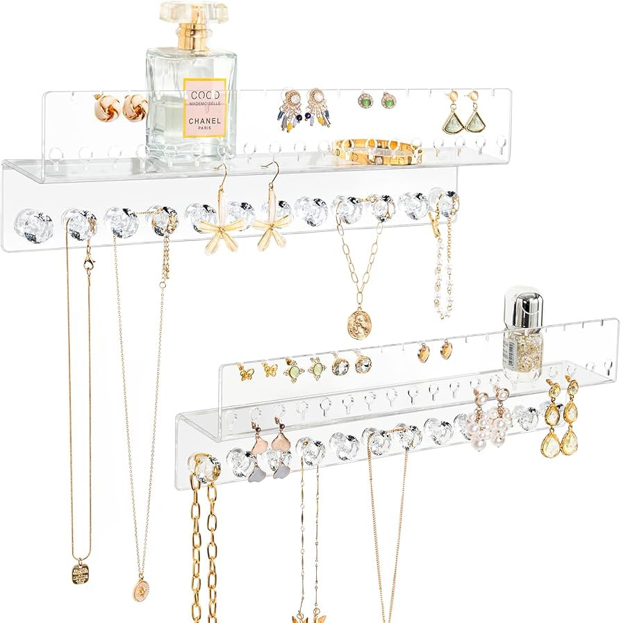 Acrylic Hanging Jewelry Organizer Wall Mounted Jewelry Holder with Floating Shelf, Necklace Holde... | Amazon (US)