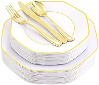 Ciaell 125PCS White and Gold Plastic Plates - Disposable Gold Plastic Plates & Gold Plastic Silverwa | Amazon (US)