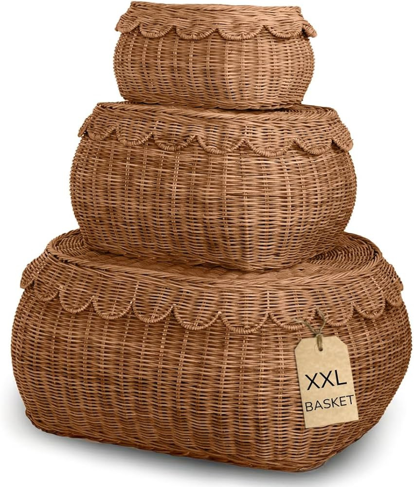 BEBE BASK Large Scalloped Basket Set Of 3 - Hand-Woven & Award-Winning Scallop Basket - XXL - Ext... | Amazon (US)