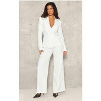 Petite White Woven High Waisted Tailored Wide Leg Trousers, White | PrettyLittleThing UK