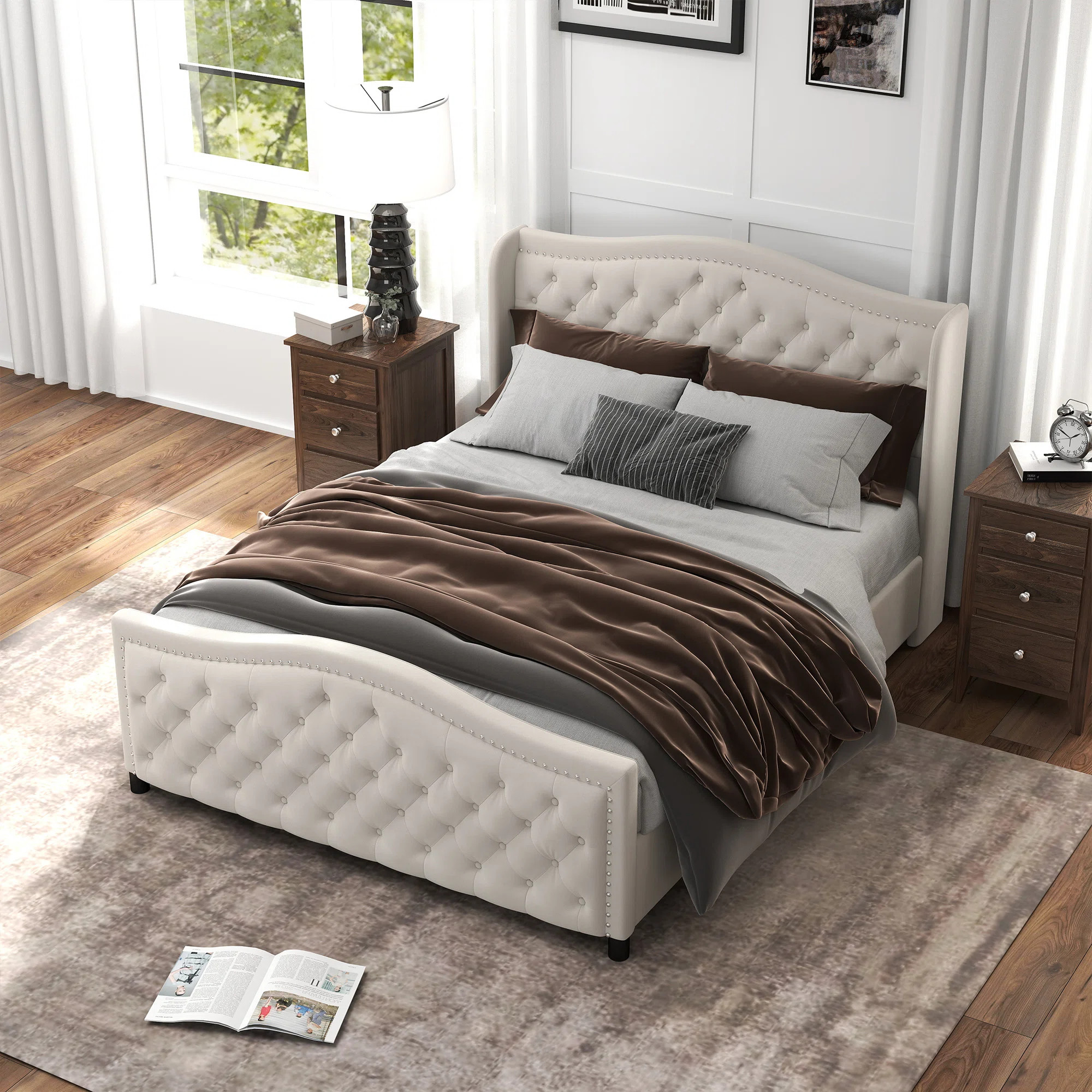 House of Hampton® Kassaia Velvet Upholstered Metal Nail Trim Platform Bed with Tufted Headboard ... | Wayfair North America