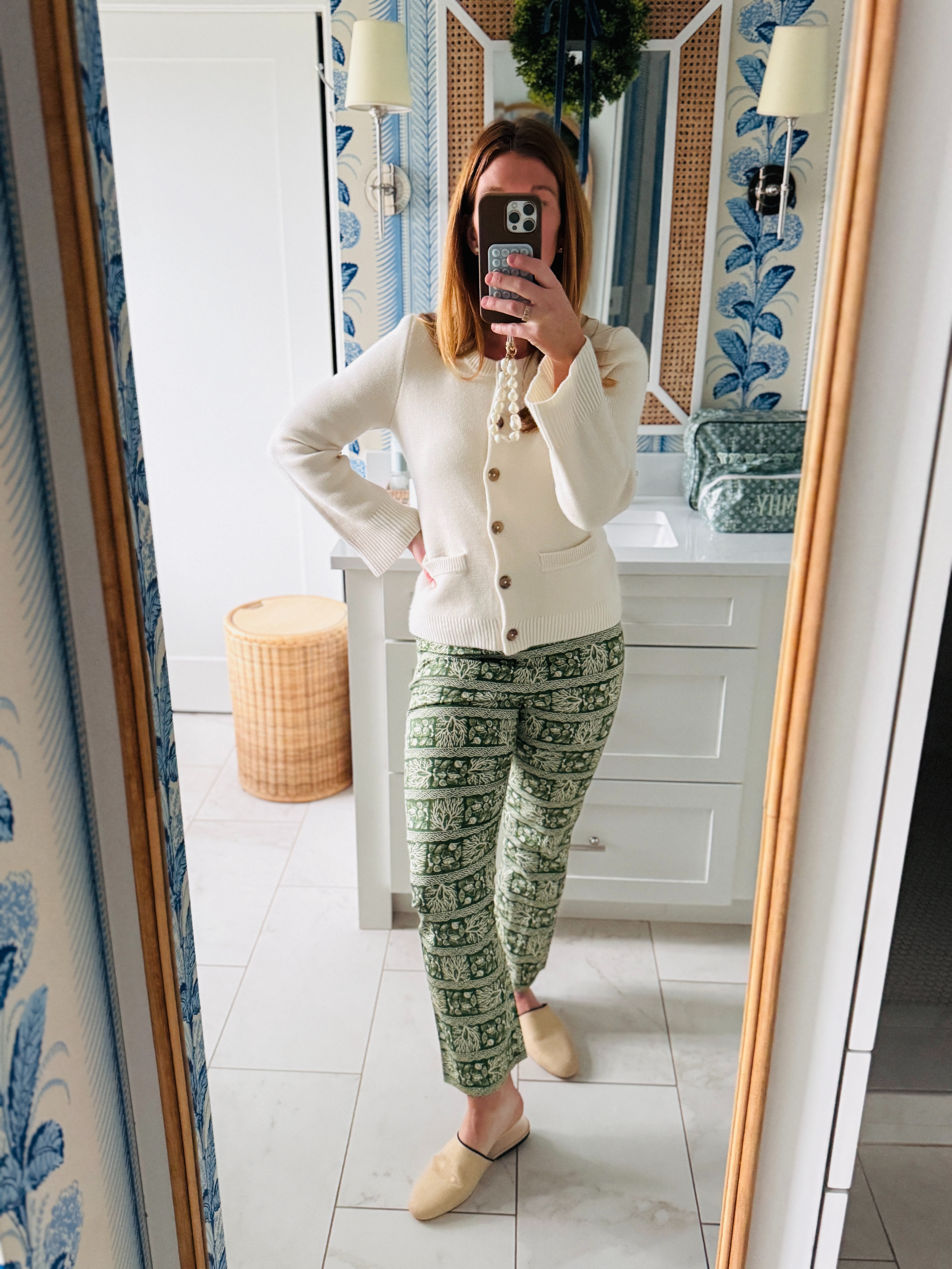 Fun pants and the softest cashmere sweater! Love the coral and shell print on these pants! Perfect for vacation or a coastal holiday! 

 #LTKHoliday #LTKOver40