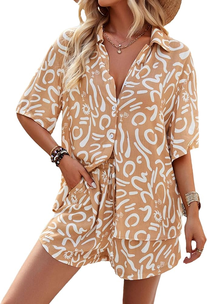Bozanly Summer Boho 2 Piece Outfits Short Sleeve Button Down Printed Shirts and Shorts Lounge Set... | Amazon (US)