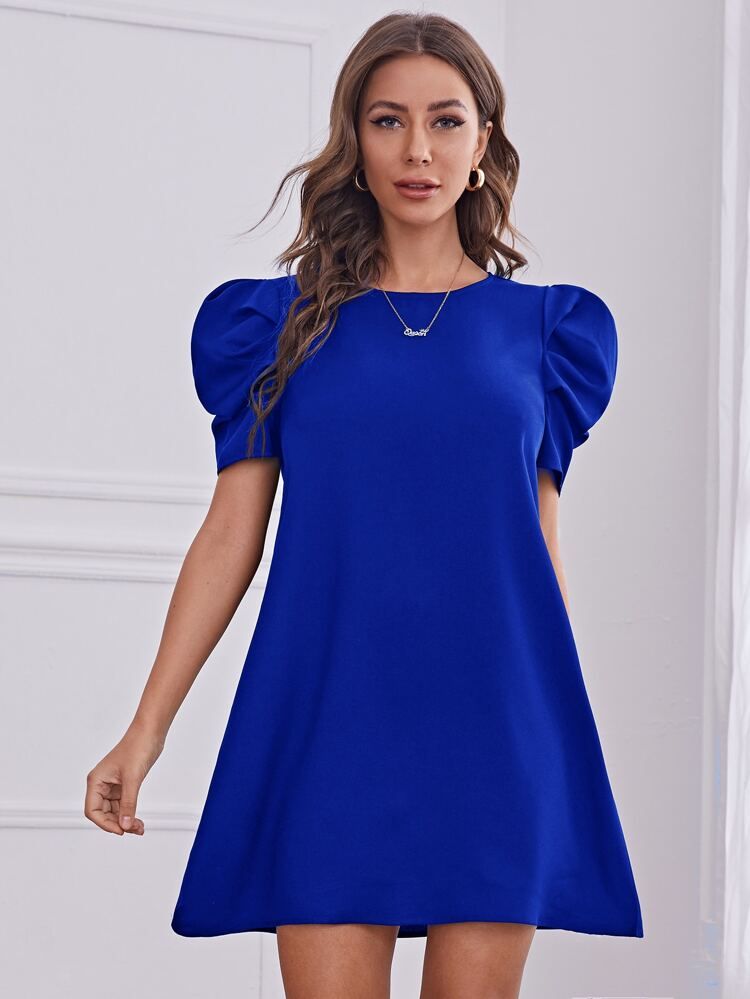 SHEIN Puff Sleeve Keyhole Back Tunic Dress | SHEIN