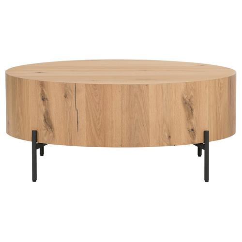 Alina Rustic Lodge Light Brown Oak Wood Black Iron Base Round Coffee Table | Kathy Kuo Home