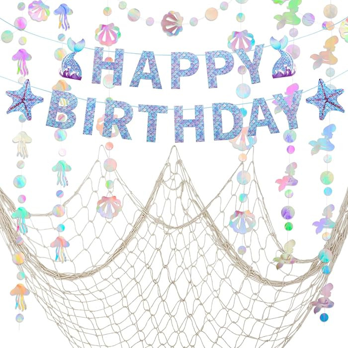 Mermaid Birthday Party Decorations, Iridescent Mermaid Garland, Happy Birthday Banner and Fishnet... | Amazon (US)
