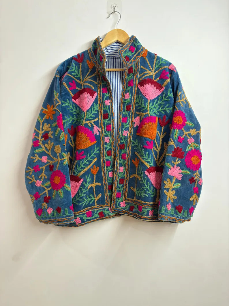 Velvet Suzani Embroidered Jacket, Artisan Boho Floral Short Coat - Etsy | Etsy (Global)