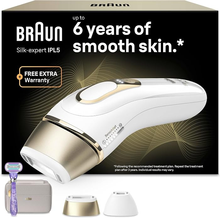 Braun IPL Silk-Expert Pro 5, IPL Hair Removal Device, at Home Hair Removal with Pouch, Precision Head and Venus Razor, Alternative for Laser Hair Removal, Gift for Women, White/Gold, PL5137 | Amazon (UK)