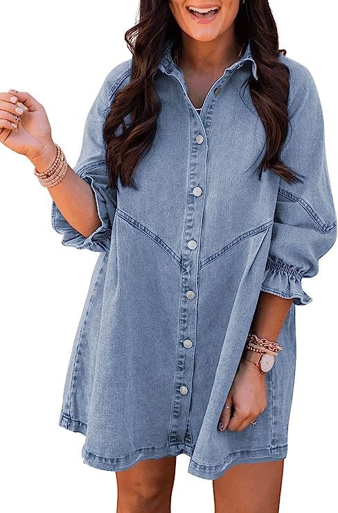 Sidefeel Womens Smocked 3 4 Sleeve Button Down Denim Jeans Dresses | Amazon (US)