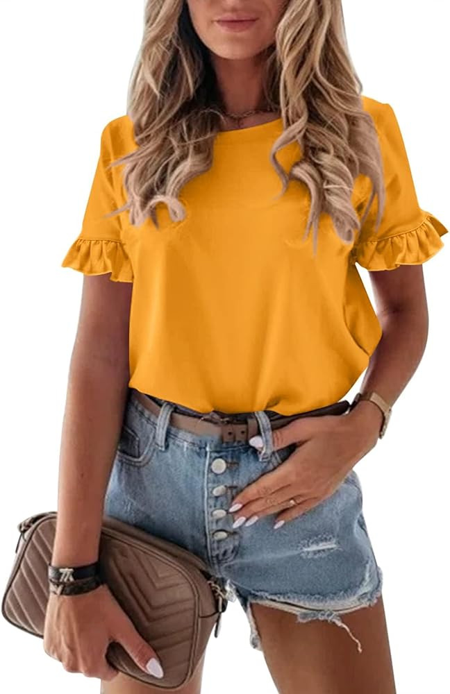 PRETTYGARDEN Women's Short Sleeve Casual T Shirts Summer Ruffle Plain Round Neck Loose Fit Tee Bl... | Amazon (US)