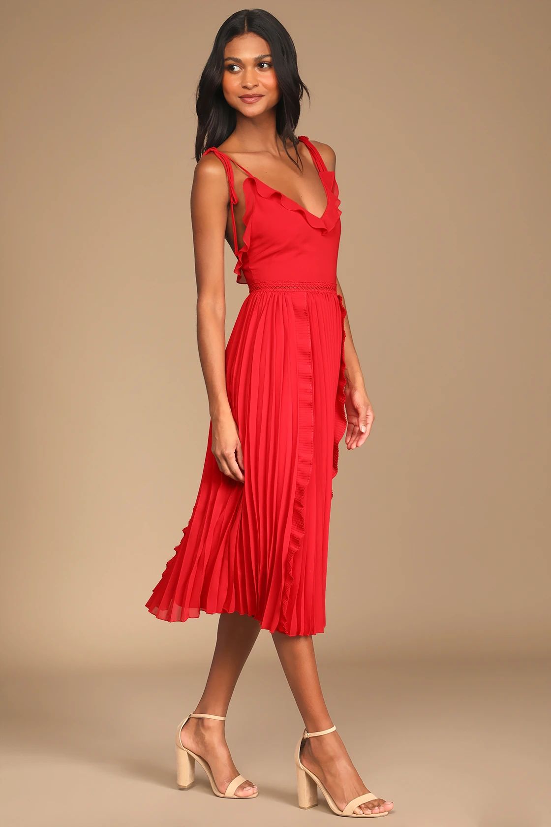 Never a Dull Moment Bright Red Tie-Strap Pleated Midi Dress | Lulus