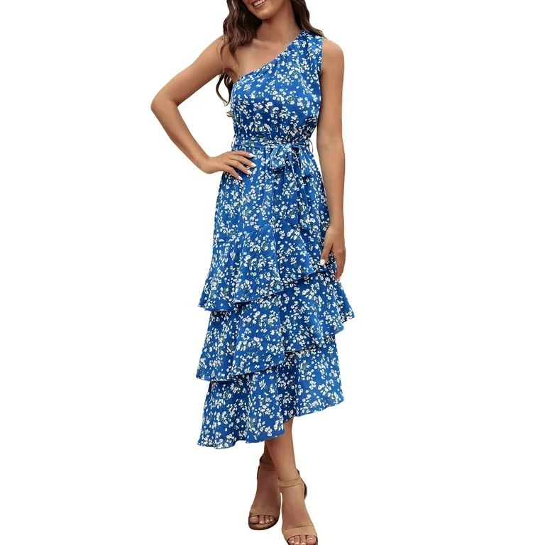 Womens Dresses Floral Sun One Shoulder Tiered Ruffle Flowy Midi Beach Boho Dress | Walmart (US)
