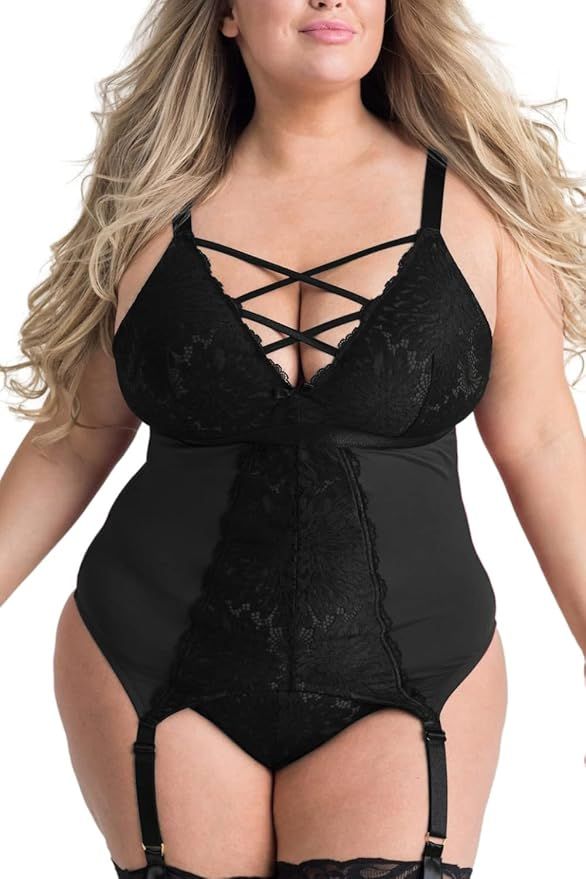 Amazon.com: Plus Size Lingerie 2 Piece for Women Suspender Garter Teddy Set with Lace Thong Back... | Amazon (US)