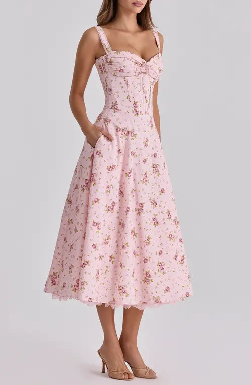HOUSE OF CB Rosalee Floral Stretch Cotton Petticoat Dress in Vintage Rose at Nordstrom, Size Large A | Nordstrom