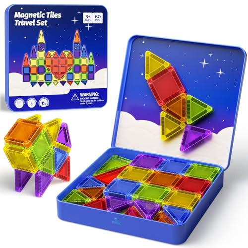 Mini Magnetic Tiles Travel Kit for Kids Ages 3-8, 60pcs Portable Magnetic Building Blocks with Visual Storage Guide & Metal Play Base, STEM Sensory Toys for Preschool Learning | Amazon (US)