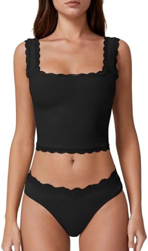 QINSEN Womens Square Neck Lace Trim Tank Tops Double Lined Slim Fit Summer Going Out Y2k T Shirts | Amazon (US)