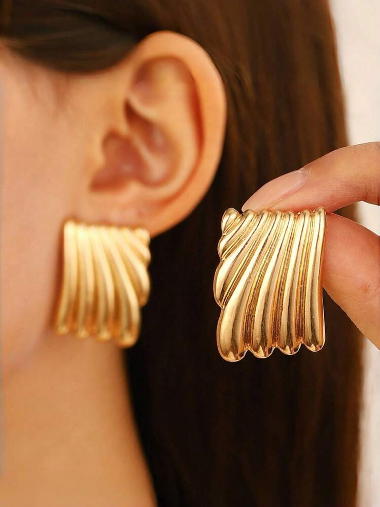 1pair Gold Tone Wrinkle Texture Large Square Stud Earrings, Elegant High Polish Geometric Square ... | SHEIN