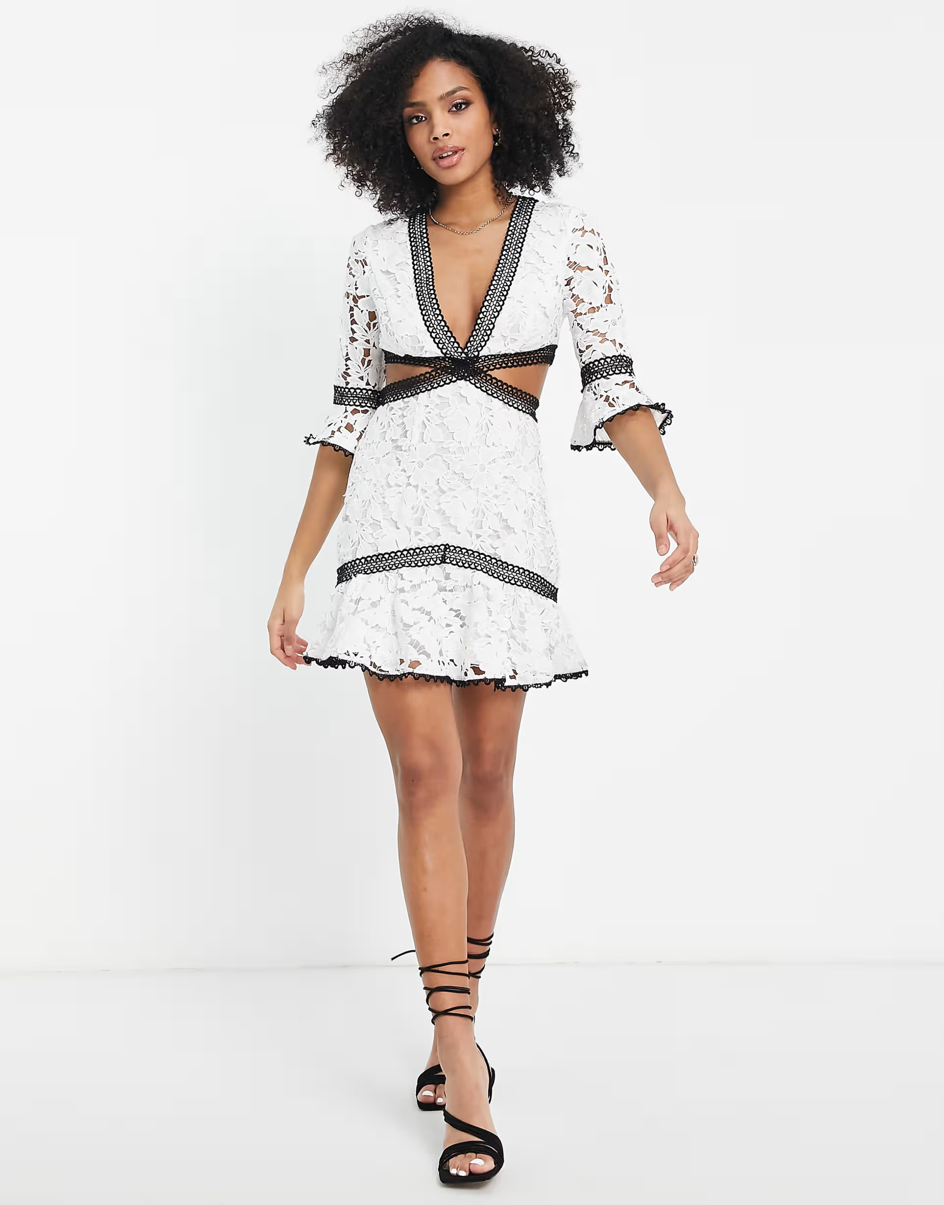 ASOS DESIGN lace mini dress with circle trim and cut out detail in white | ASOS (Global)