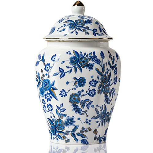 Qinlang Small Ceramic Ginger Jar for Home Decor, Ginger Jar Vase with Lid, Blue and White Peony Pattern | Amazon (US)