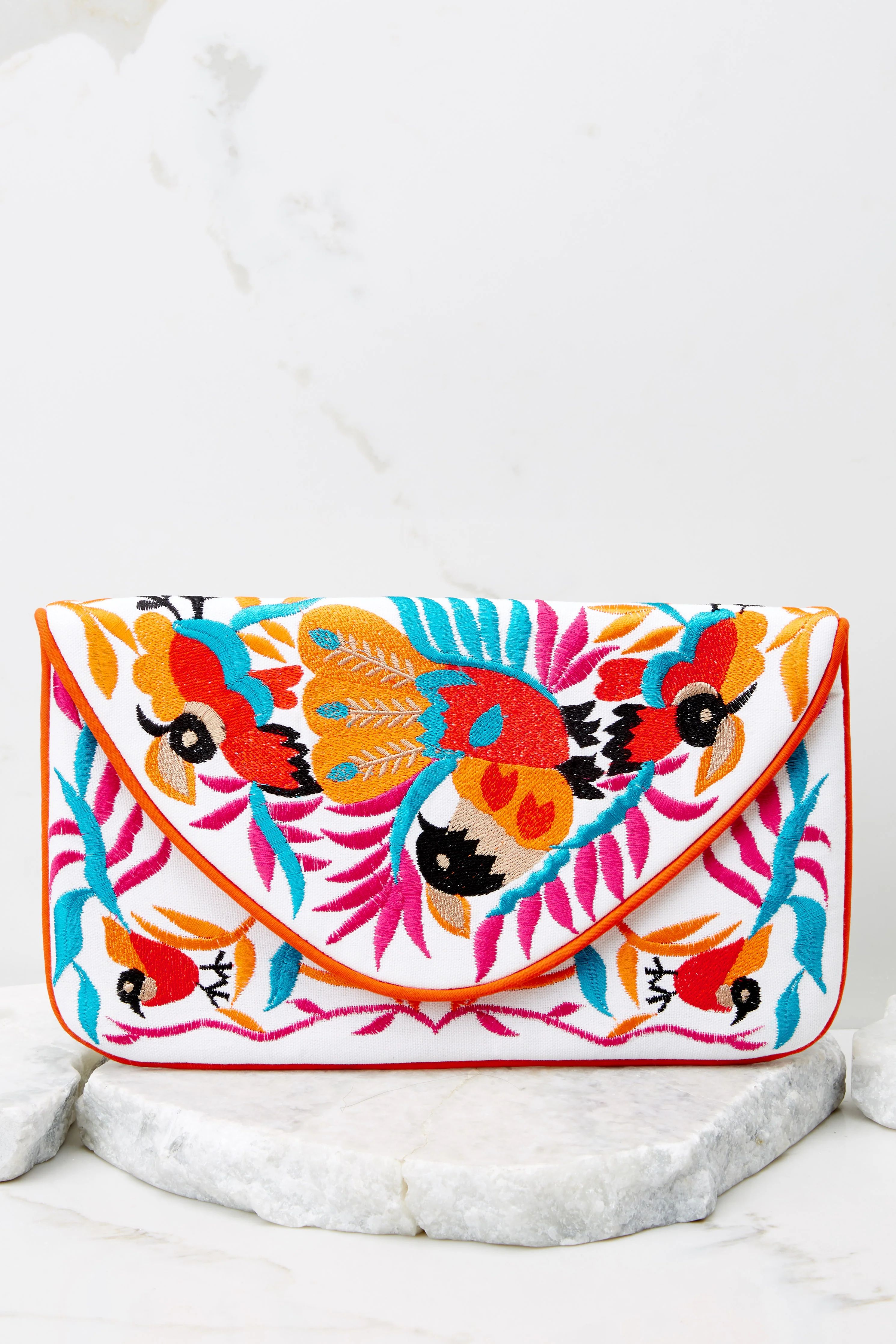 Ready To Fly White Multi Embroidered Clutch | Red Dress 